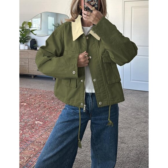 Women Army green Cropped Utility Cargo Coat Contrast Collar Barn Outwear - Picture 3 of 6